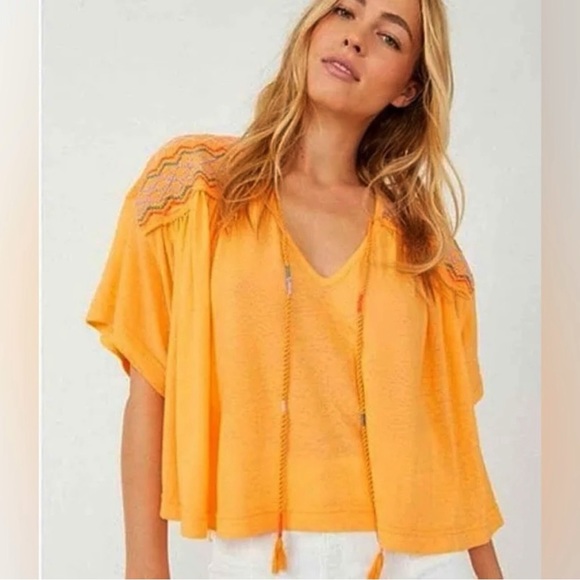 Free People Market Embroidered V-Neck Top in Carrot Ginger Orange Cotton Blend - Picture 2 of 16